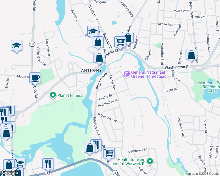 map of restaurants, bars, coffee shops, grocery stores, and more near 27 Matteson Street in Coventry