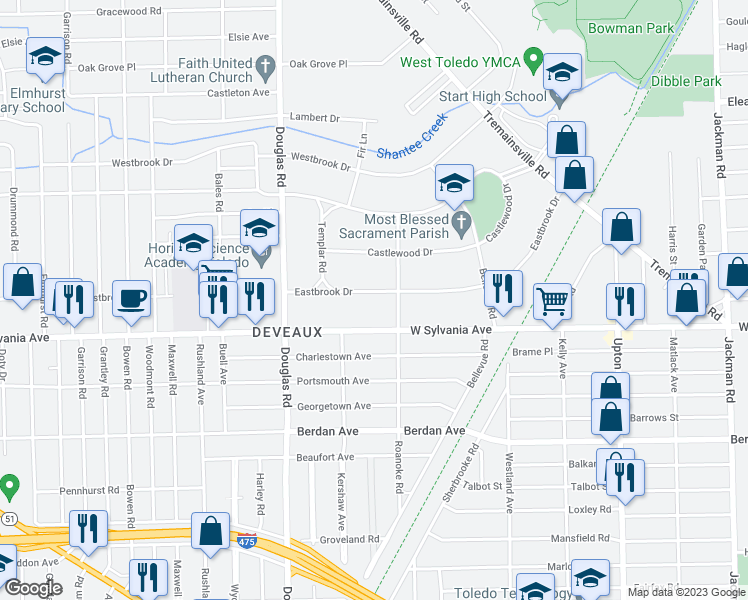 map of restaurants, bars, coffee shops, grocery stores, and more near 2327 Eastbrook Drive in Toledo