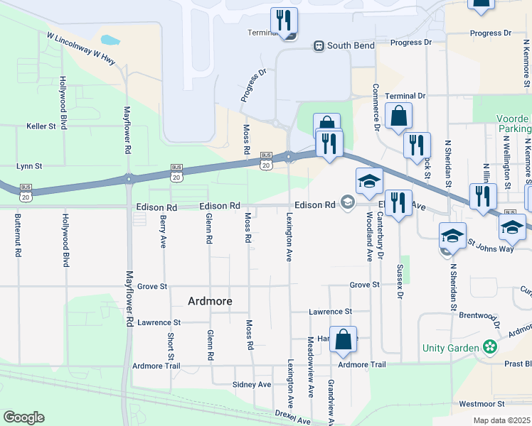 map of restaurants, bars, coffee shops, grocery stores, and more near 55038-55238 Moss Road in South Bend