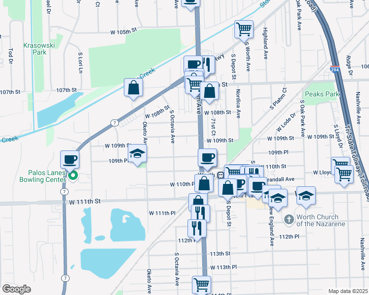 map of restaurants, bars, coffee shops, grocery stores, and more near 7249 West 109th Place in Worth