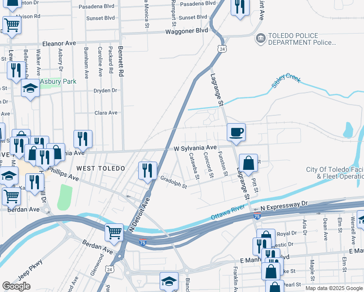 map of restaurants, bars, coffee shops, grocery stores, and more near 216 West Sylvania Avenue in Toledo