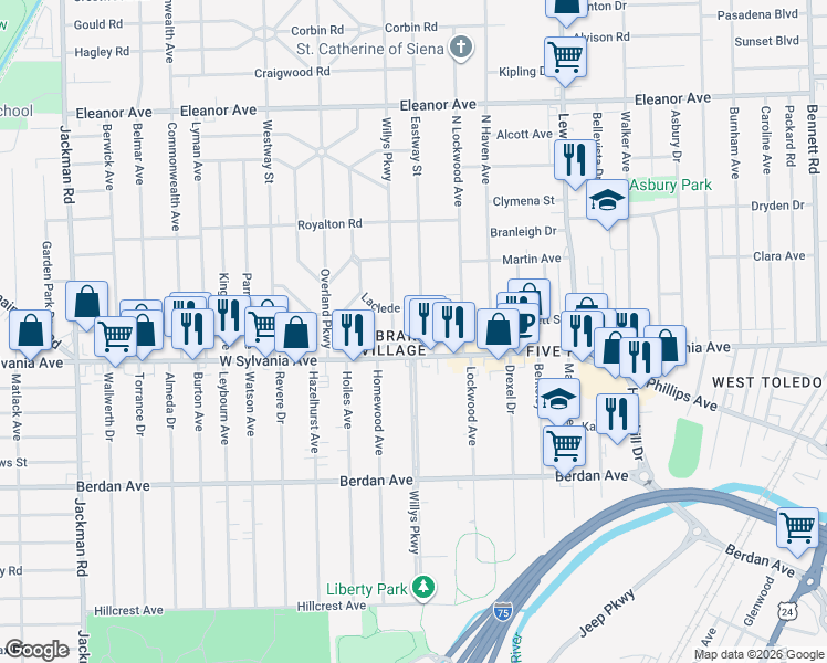 map of restaurants, bars, coffee shops, grocery stores, and more near 1220 West Sylvania Avenue in Toledo