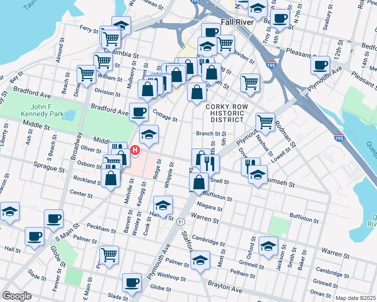 map of restaurants, bars, coffee shops, grocery stores, and more near 1017 Middle Street in Fall River