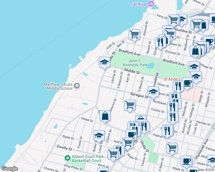 map of restaurants, bars, coffee shops, grocery stores, and more near 566 Bay Street in Fall River