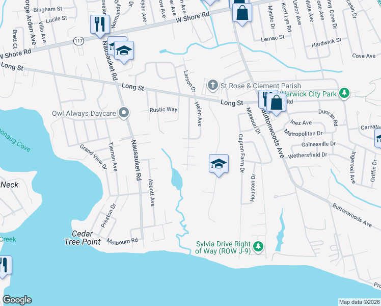 map of restaurants, bars, coffee shops, grocery stores, and more near 43 State Park Avenue in Warwick