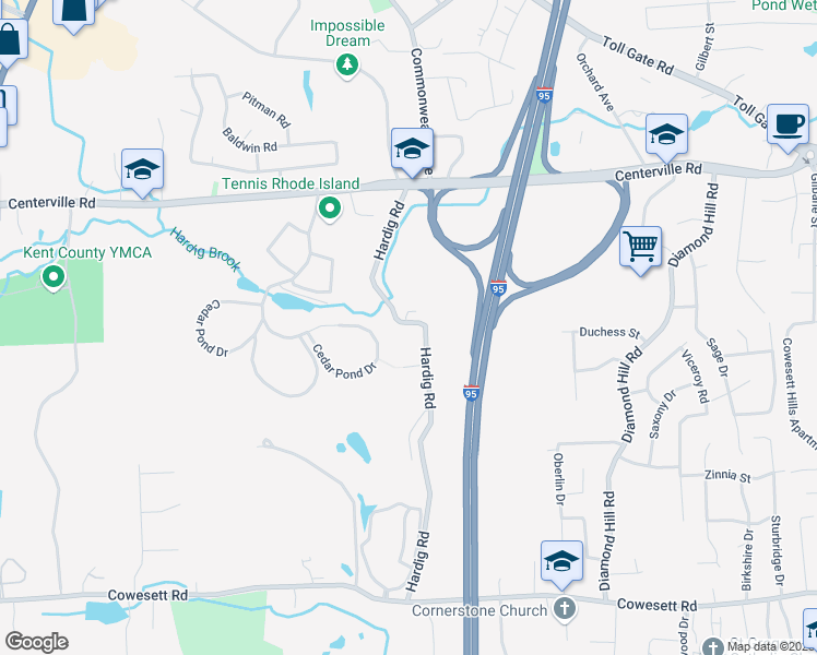 map of restaurants, bars, coffee shops, grocery stores, and more near 221 Hardig Road in Warwick