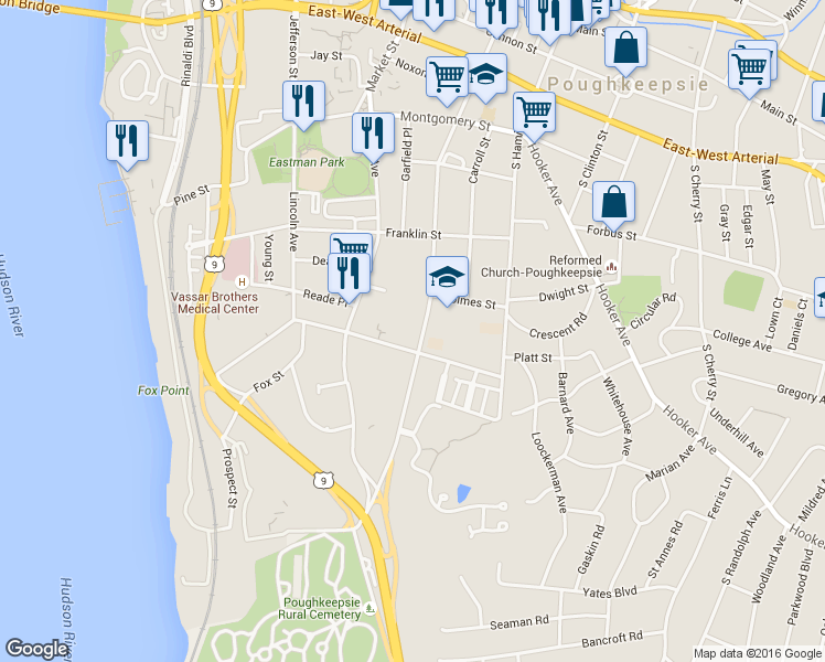 map of restaurants, bars, coffee shops, grocery stores, and more near in Poughkeepsie