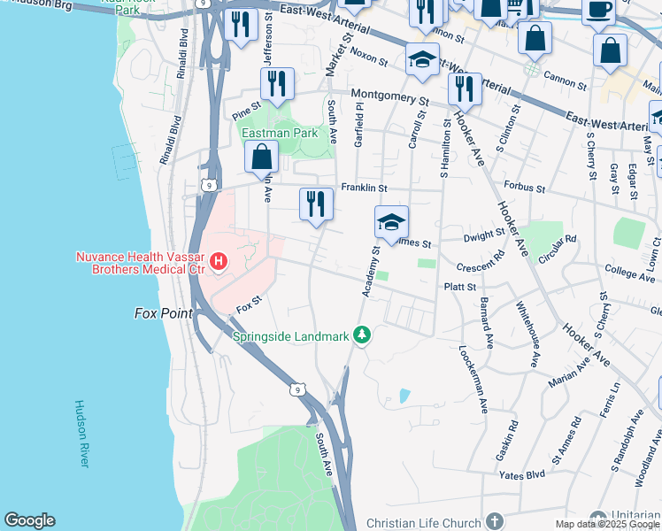 map of restaurants, bars, coffee shops, grocery stores, and more near 166 Academy Street in Poughkeepsie