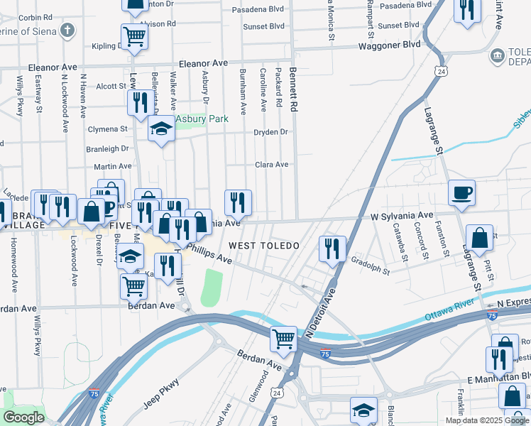 map of restaurants, bars, coffee shops, grocery stores, and more near 3915 West Sylvania Avenue in Toledo
