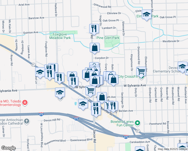 map of restaurants, bars, coffee shops, grocery stores, and more near 4015 Secor Road in Toledo