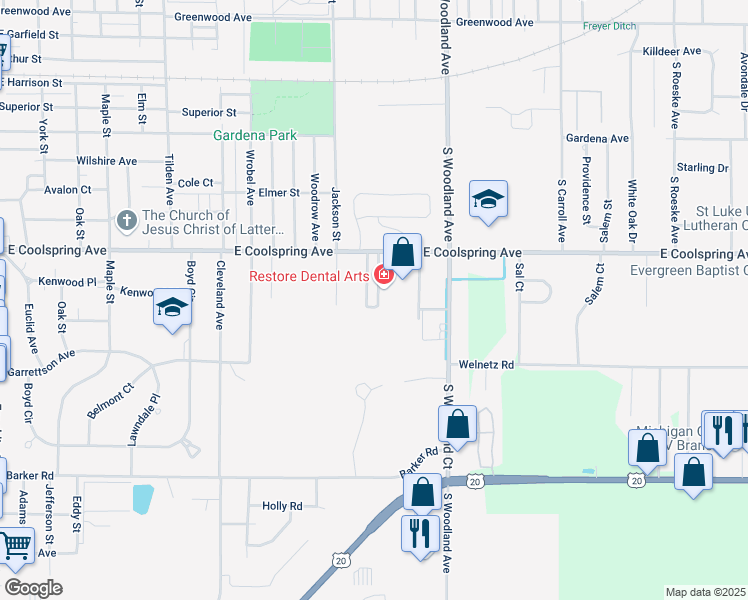map of restaurants, bars, coffee shops, grocery stores, and more near 1225 East Coolspring Avenue in Michigan City