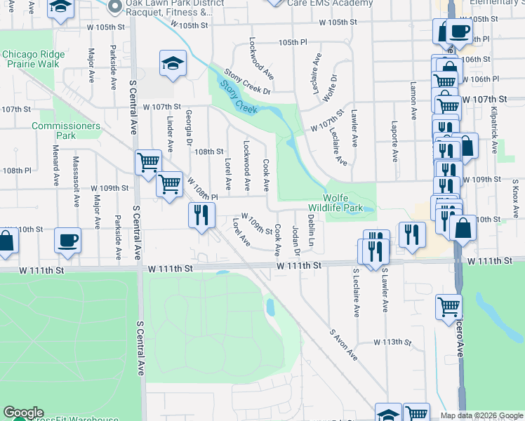 map of restaurants, bars, coffee shops, grocery stores, and more near 5214 West 109th Street in Oak Lawn