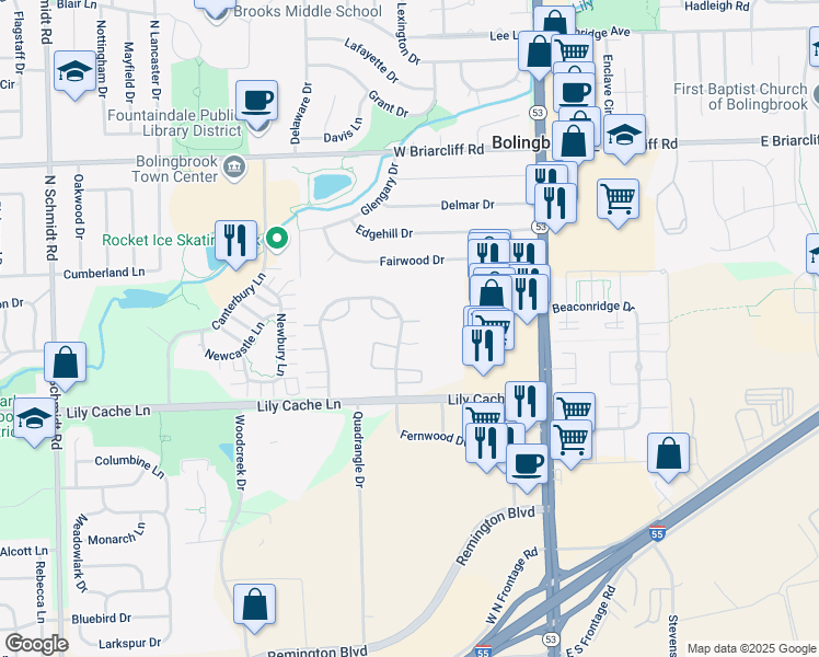 map of restaurants, bars, coffee shops, grocery stores, and more near 52d Fernwood Drive in Bolingbrook