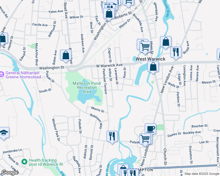 map of restaurants, bars, coffee shops, grocery stores, and more near 39 Arthur Street in West Warwick