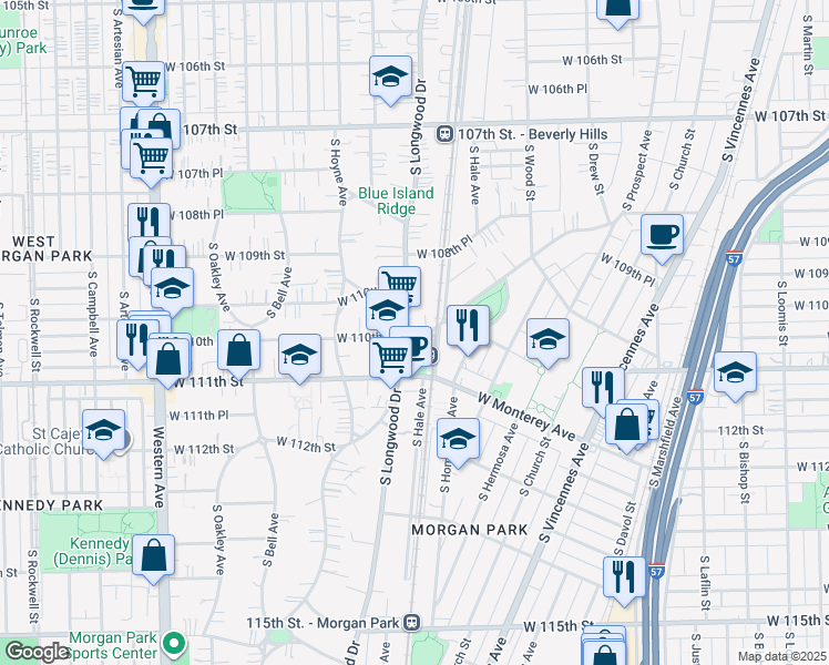 map of restaurants, bars, coffee shops, grocery stores, and more near 11070 South Longwood Drive in Chicago