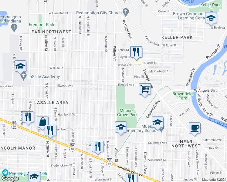 map of restaurants, bars, coffee shops, grocery stores, and more near 1318-1376 Wilber Street in South Bend