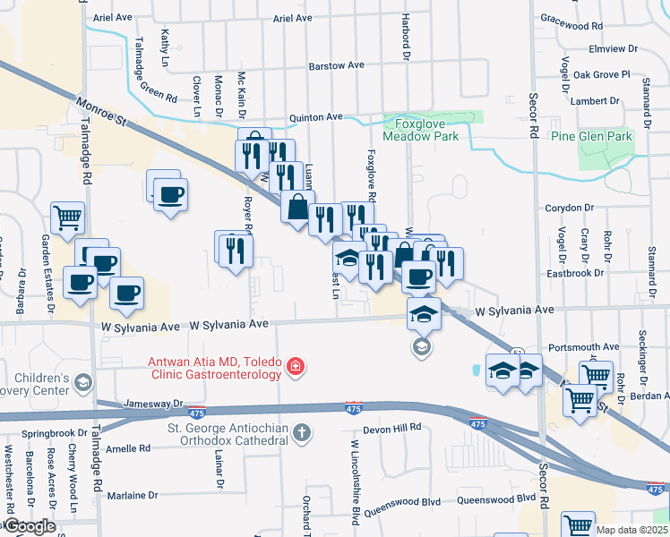 map of restaurants, bars, coffee shops, grocery stores, and more near 4107 Harvest Lane in Toledo