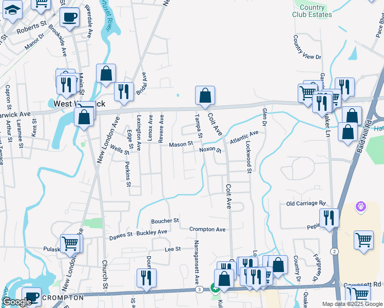 map of restaurants, bars, coffee shops, grocery stores, and more near 17 Bellaire Avenue in West Warwick