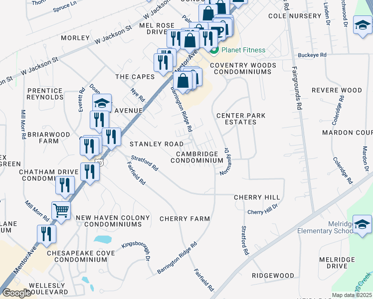 map of restaurants, bars, coffee shops, grocery stores, and more near 1651 Mentor Avenue in Painesville