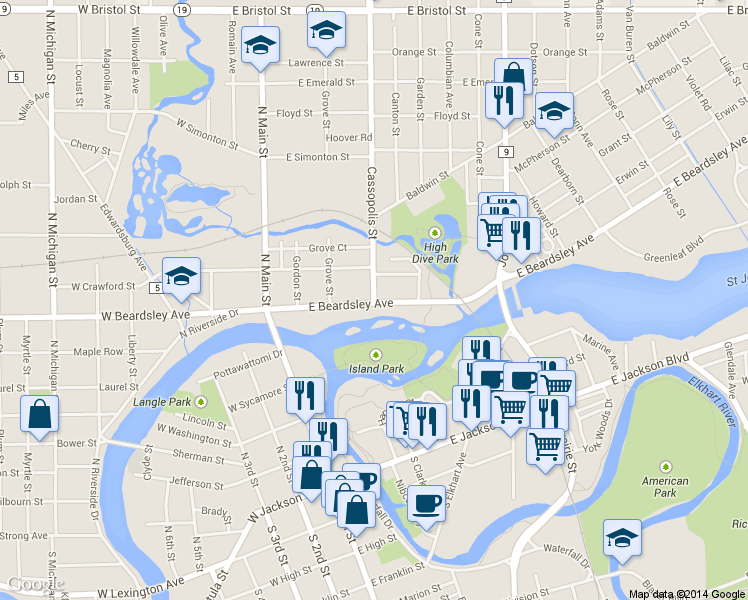 map of restaurants, bars, coffee shops, grocery stores, and more near 411 East Crawford Street in Elkhart