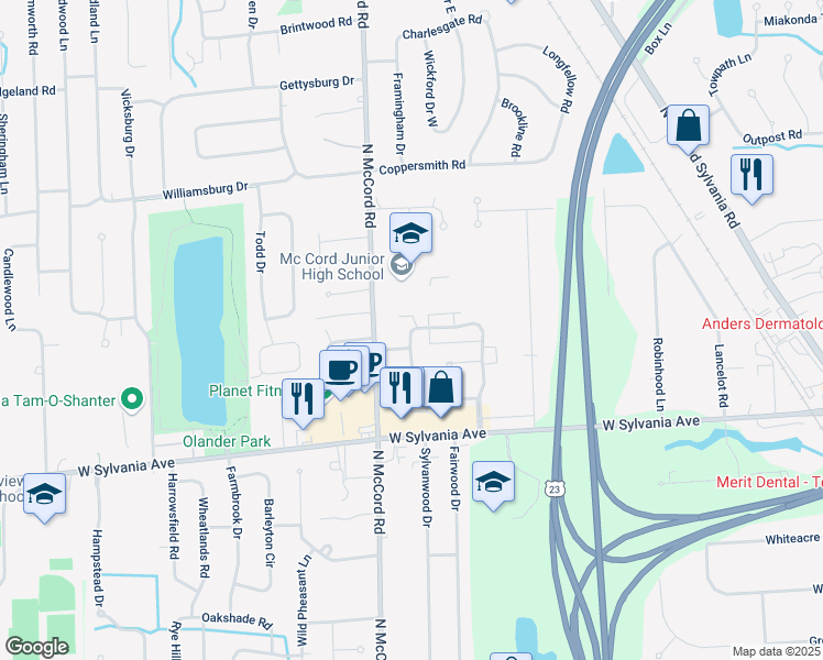 map of restaurants, bars, coffee shops, grocery stores, and more near 6652 Kingsbridge Drive in Sylvania