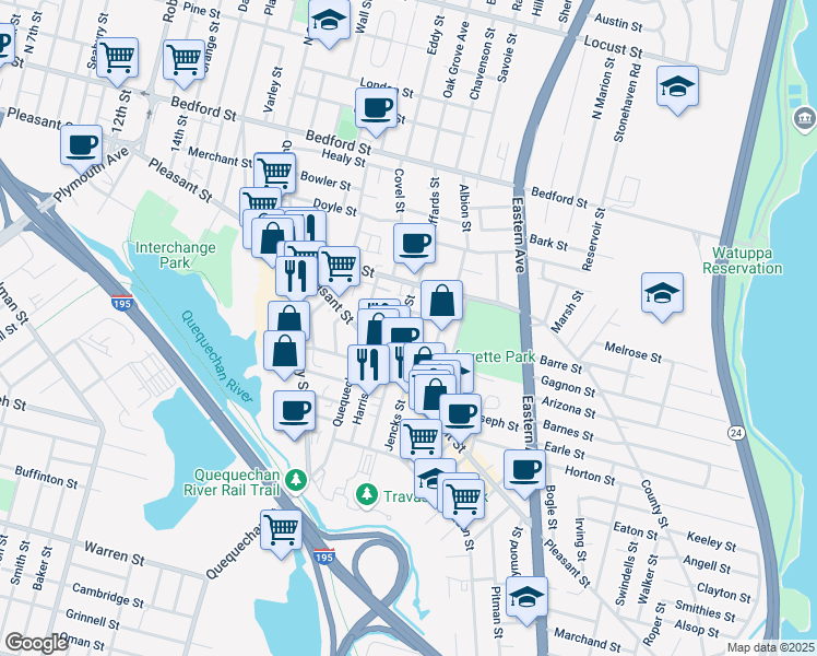 map of restaurants, bars, coffee shops, grocery stores, and more near 34 Canonicus Street in Fall River
