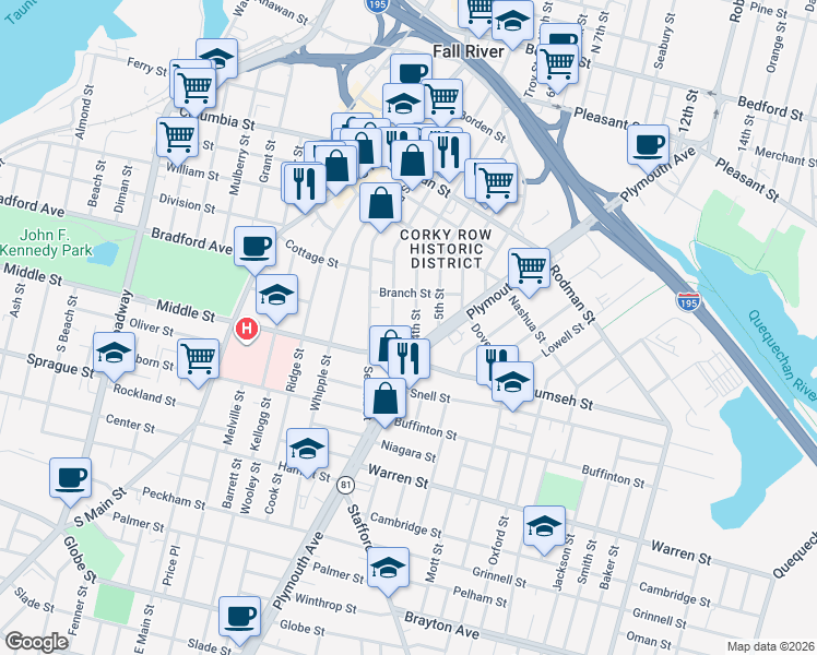 map of restaurants, bars, coffee shops, grocery stores, and more near 496 4th Street in Fall River