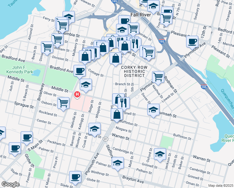 map of restaurants, bars, coffee shops, grocery stores, and more near 634 2nd Street in Fall River