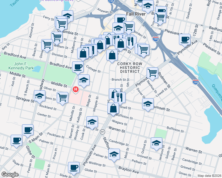 map of restaurants, bars, coffee shops, grocery stores, and more near 634 2nd Street in Fall River