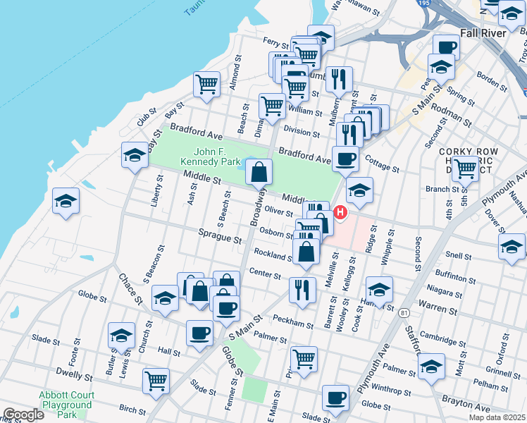 map of restaurants, bars, coffee shops, grocery stores, and more near 523 Broadway in Fall River