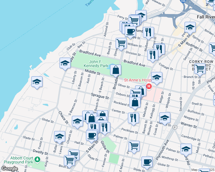 map of restaurants, bars, coffee shops, grocery stores, and more near 16 Oliver Street in Fall River
