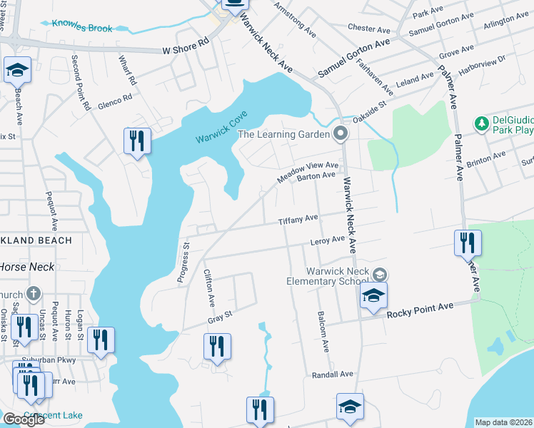 map of restaurants, bars, coffee shops, grocery stores, and more near 17 Hillside Drive in Warwick