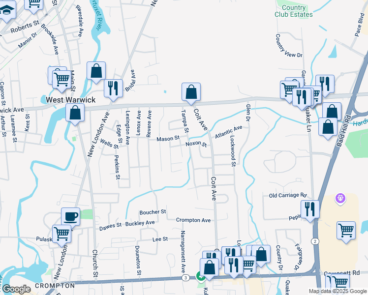 map of restaurants, bars, coffee shops, grocery stores, and more near 27 Mason Street in West Warwick