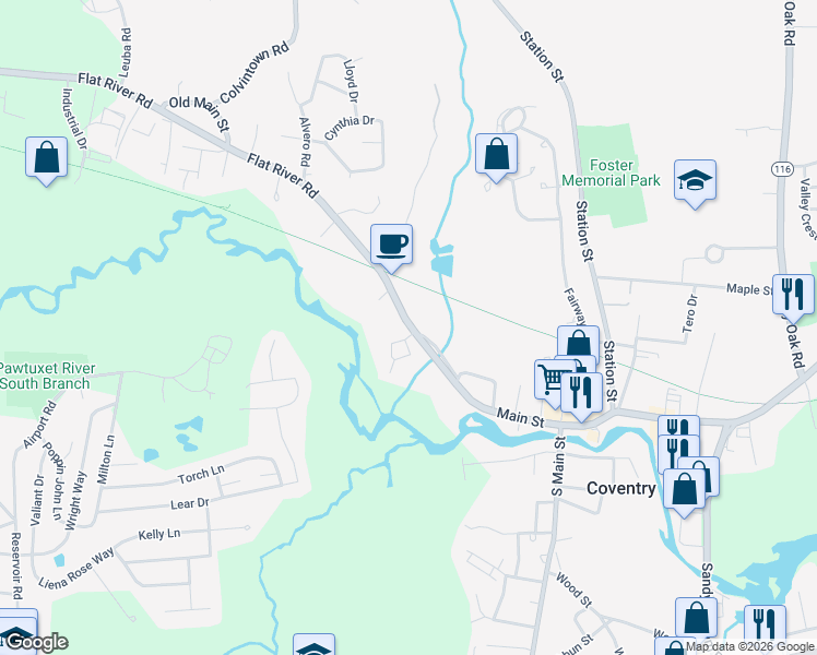 map of restaurants, bars, coffee shops, grocery stores, and more near 1333 Main Street in Coventry