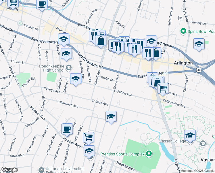 map of restaurants, bars, coffee shops, grocery stores, and more near 14 Grubb Street in Poughkeepsie