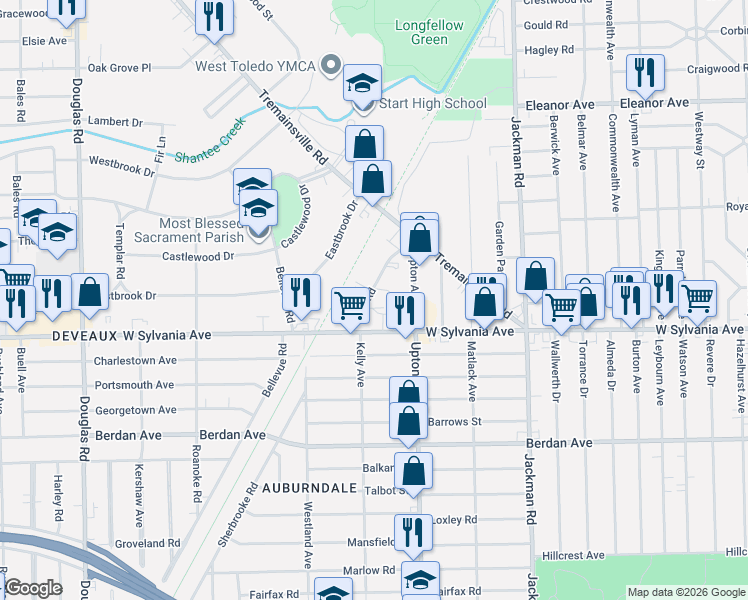 map of restaurants, bars, coffee shops, grocery stores, and more near 4117 Fitch Road in Toledo
