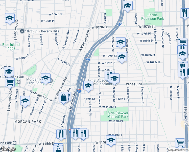 map of restaurants, bars, coffee shops, grocery stores, and more near 1434 West 110th Street in Chicago