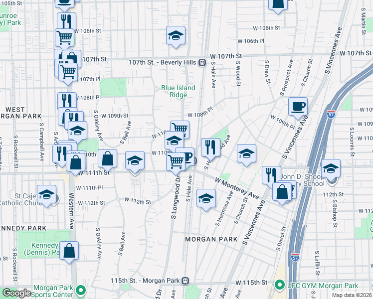 map of restaurants, bars, coffee shops, grocery stores, and more near 2013 West 110th Street in Chicago