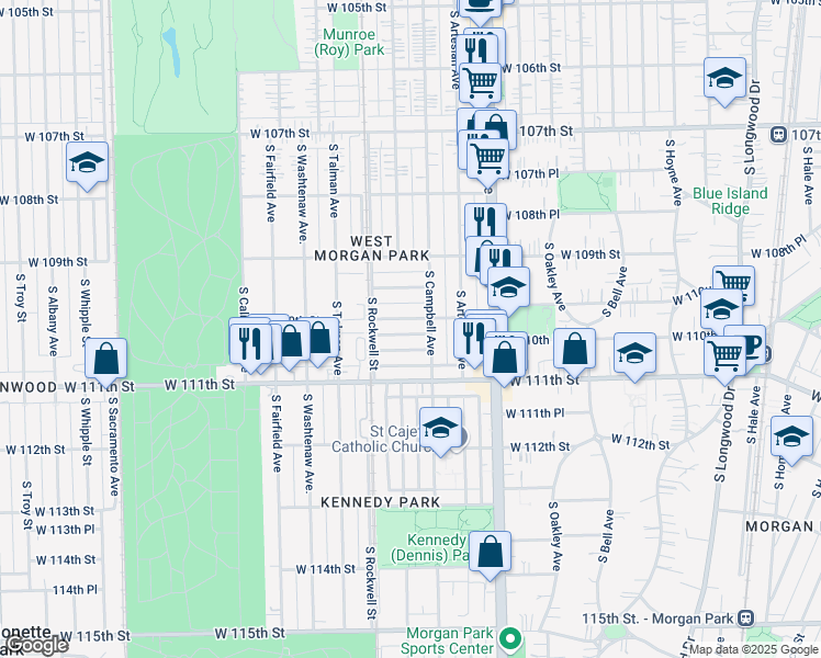 map of restaurants, bars, coffee shops, grocery stores, and more near 2508 West 110th Street in Chicago