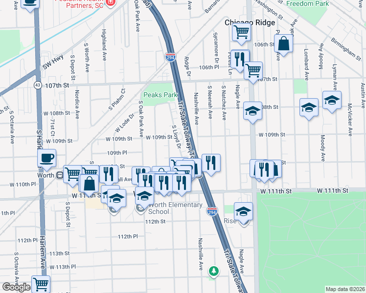 map of restaurants, bars, coffee shops, grocery stores, and more near 10905 South Lloyd Drive in Worth