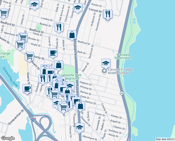 map of restaurants, bars, coffee shops, grocery stores, and more near 193 McCloskey Street in Fall River