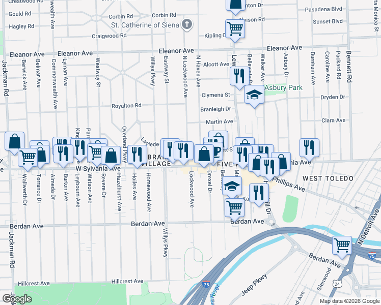 map of restaurants, bars, coffee shops, grocery stores, and more near 4028 North Lockwood Avenue in Toledo