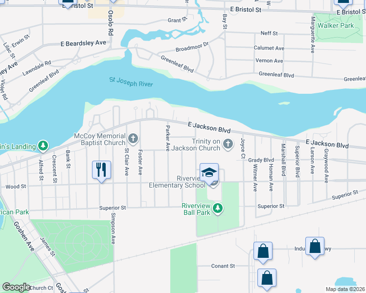 map of restaurants, bars, coffee shops, grocery stores, and more near 2314 Kirby Dr in Elkhart