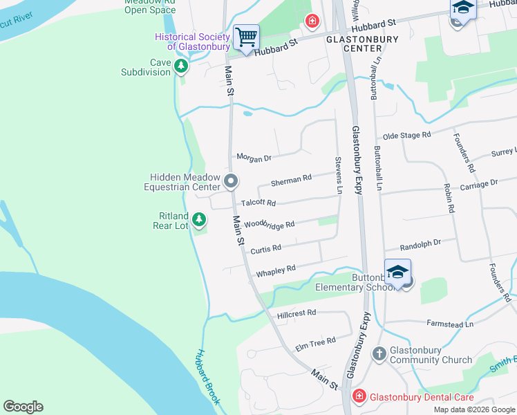 map of restaurants, bars, coffee shops, grocery stores, and more near 17 Talcott Road in Glastonbury