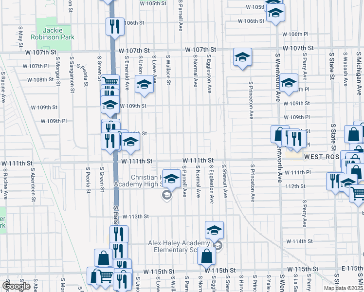 map of restaurants, bars, coffee shops, grocery stores, and more near 11005 South Parnell Avenue in Chicago