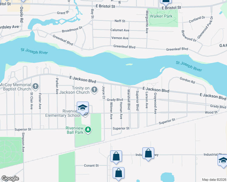 map of restaurants, bars, coffee shops, grocery stores, and more near 2909 East Jackson Boulevard in Elkhart