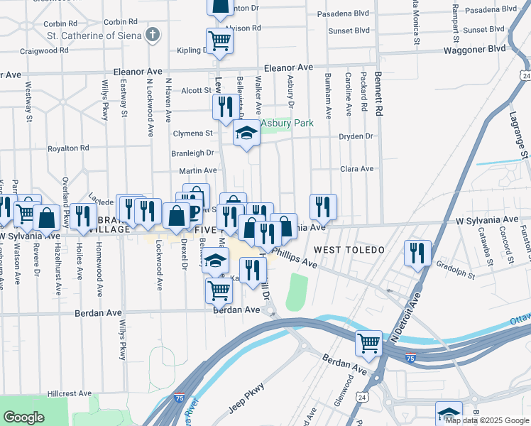 map of restaurants, bars, coffee shops, grocery stores, and more near 4022 Walker Avenue in Toledo