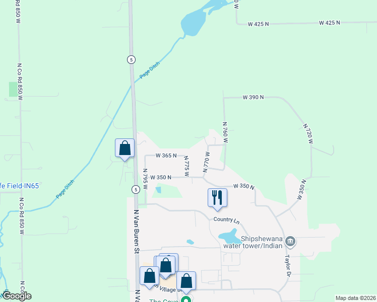 map of restaurants, bars, coffee shops, grocery stores, and more near 3665 North 775 West in Shipshewana