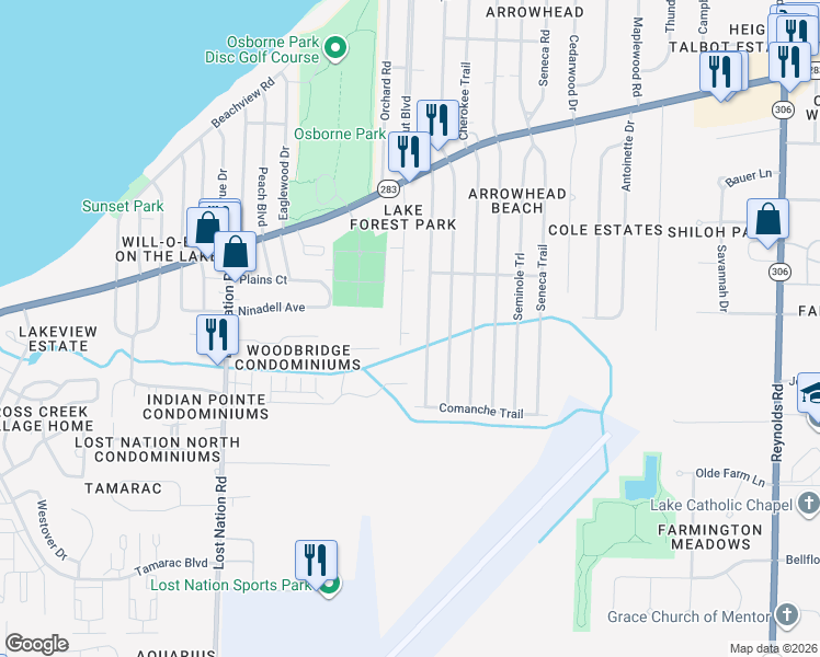 map of restaurants, bars, coffee shops, grocery stores, and more near 1150 Garden Road in Willoughby