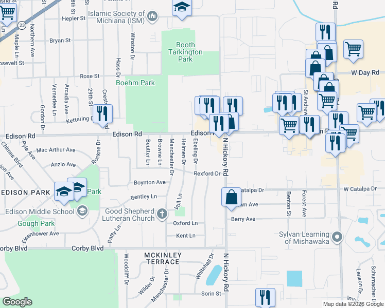map of restaurants, bars, coffee shops, grocery stores, and more near 1304-1398 Ebeling Drive in South Bend